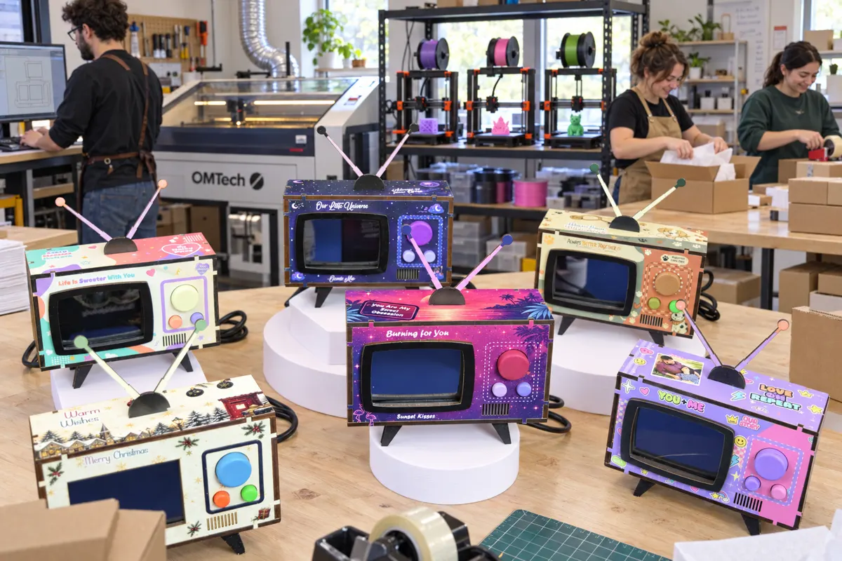 Six finished Mini TV builds, each with its own printed design and colored buttons, on a workshop table with a laser cutter and 3D printers behind